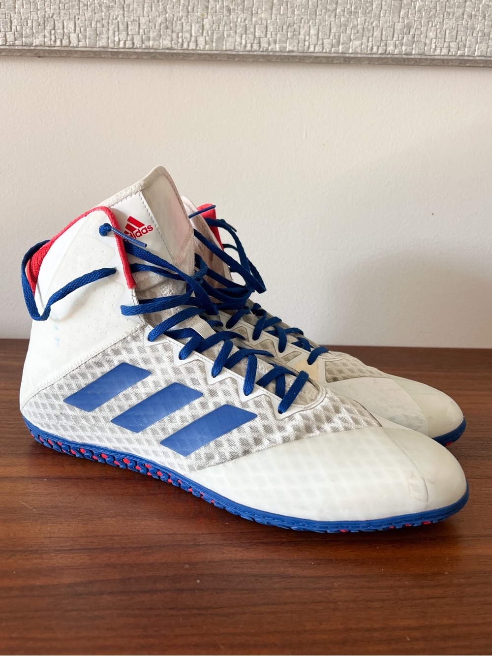 Adidas Mat Wizard 4 Wrestling Shoes Men Size 15‎ White Blue High Grip Sneakers